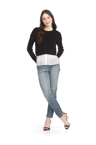 ST-15290 - Cable Knit Crop Sweater with Georgette Underlay - Colors: Black, Blush - Available Sizes:XS-XXL - Catalog Page:8 